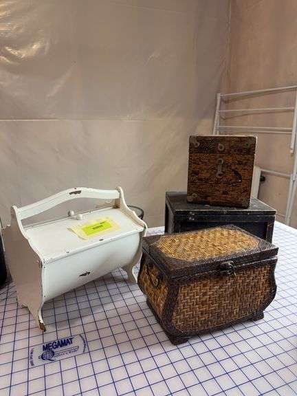 2 old wood boxes, sewing box image