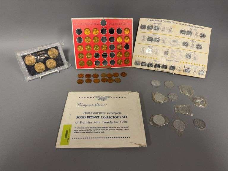 Tokens and “coins” as shown-Coins of Hawaii, Franklin Mint solid bronze collectors set presidential coins, Shell Mr President coins image