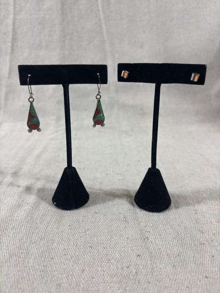 Two pair unmarked inlaid earrings 4 g total weight image