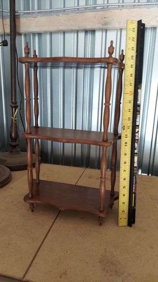 Furniture - small shelves, tables, magazine rack, carved wooden drawer pulls, round rattan shelf image