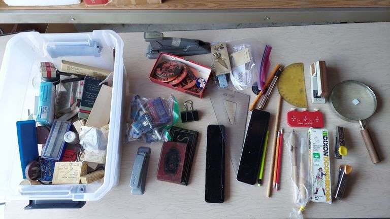 Office supplies, desk lamp, yard sticks, file sorters, staplers, coin sorting tray, and more! image