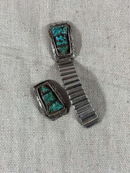 Unmarked stamped vintage turquoise nugget watchband - broken - 32 g total weight image