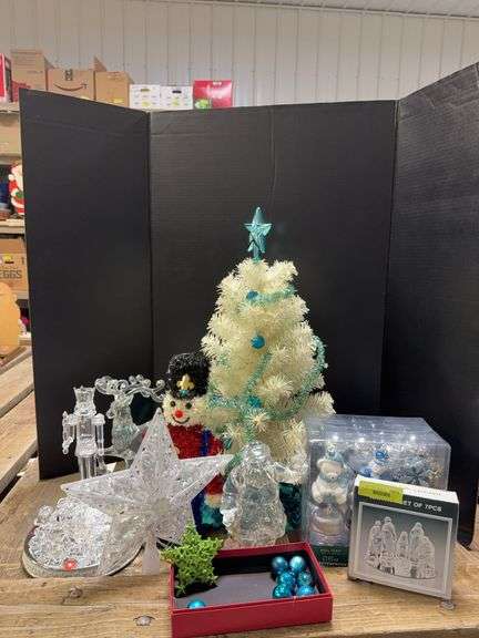 Clear glass decor, white tree, shatterproof ornaments, etc image