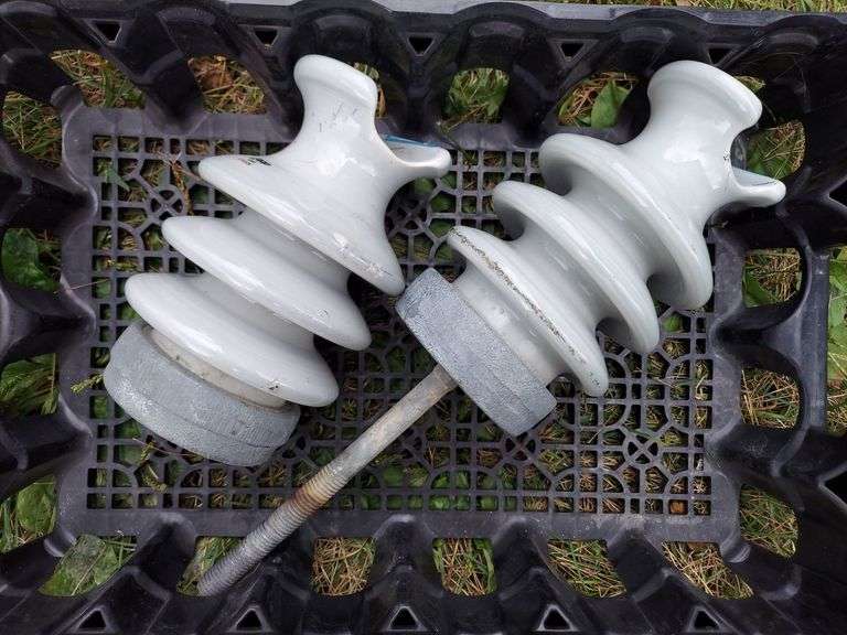 2 large Porcelain Ceramic Insulators, Lapp 2000 C Neck light grey (white?) 3-tier. See images for all markings and numbers. Dimensions: 7-5/8"H x 4-3/4"dia. image