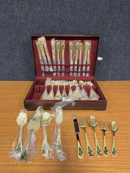 Gold plated “Holly Berry” flatware 5pc service for 12 w/ serving pieces image