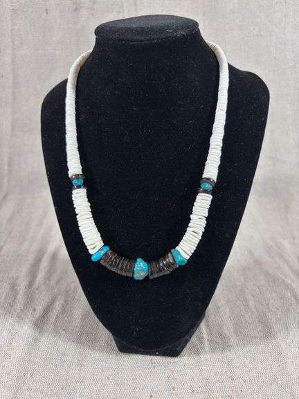 White and turquoise heishi beaded necklace 50.4 grams image