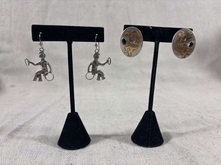 Sterling Kokapelli post earrings with black stone and unmarked Kokapelli dangle earrings 12.6 g total weight image