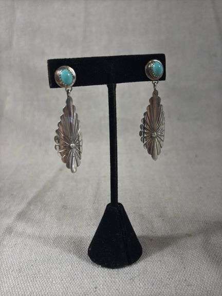 Sterling earrings with turquoise post and silver drop accent 9 g total weight image