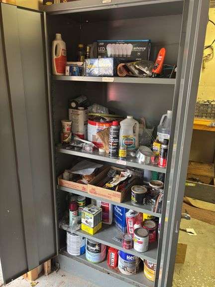 Metal storage cabinet, full of shop fluids, and hardware items image