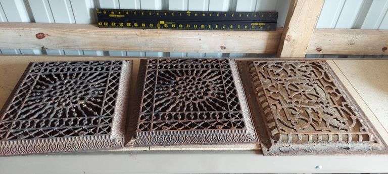 3 Fancy cast iron floor/wall grates register covers, two 14"x12" with damper slats fully functional, one 16"x12" no slats. image