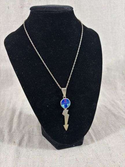 Sterling Zuni inlaid arrow lightning bolt pendant and chain 9.5 g total weight image