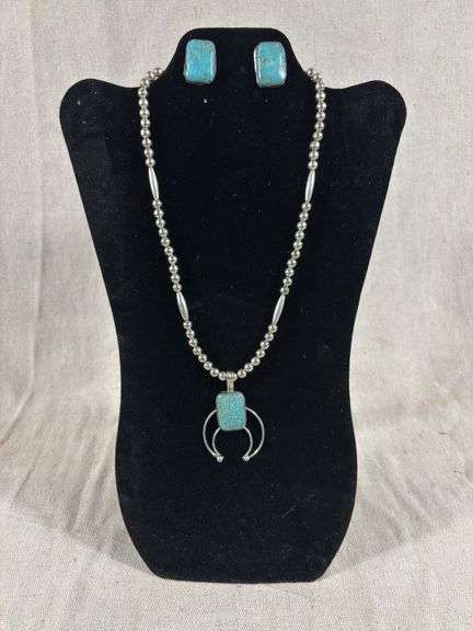 Unmarked, turquoise post earrings, and matching Naja pendant on beads 51.3 g total weight image