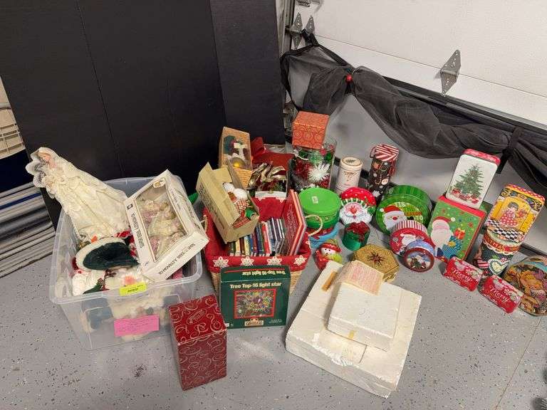 Tins for Christmas goodies, books, holiday stuffies, gift bows, tree topper, nativity, etc image