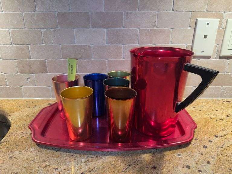Retro colored aluminum pitcher, glasses and tray set image