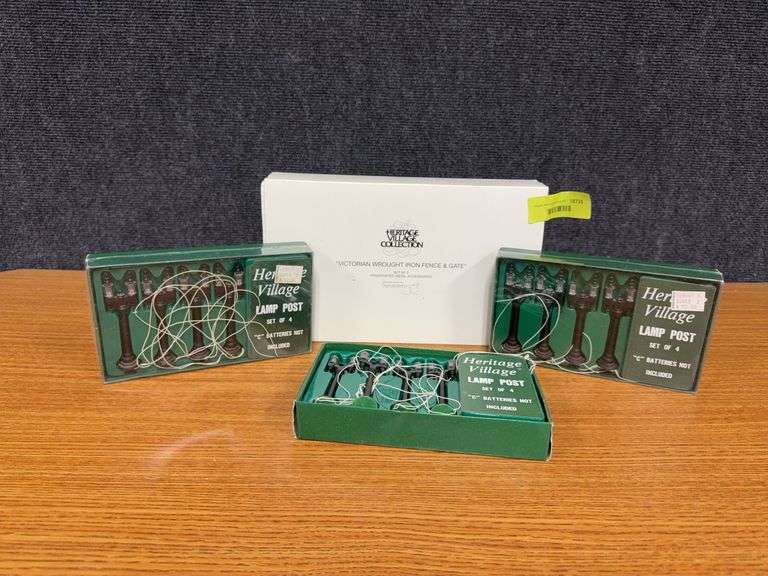Dept 56 Heritage Village Collection (3) sets of 4 lamp posts and “Victorian Wrought Iron Fence & Gate” image