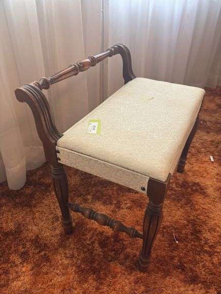 Vintage upholstered wood vanity bench image