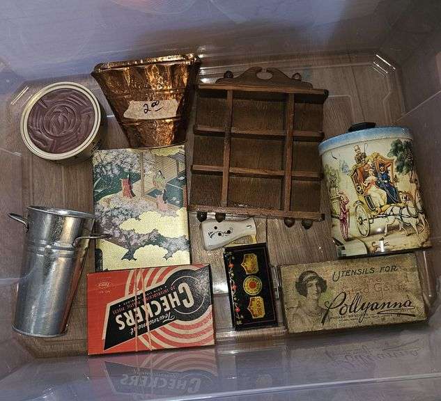 Various Collectibles, tins, playing cards, jars, sunburst tumblers, Isabel Bloom ornaments, pewter and glassware, salt & pepper shakers, crucifix, and more image