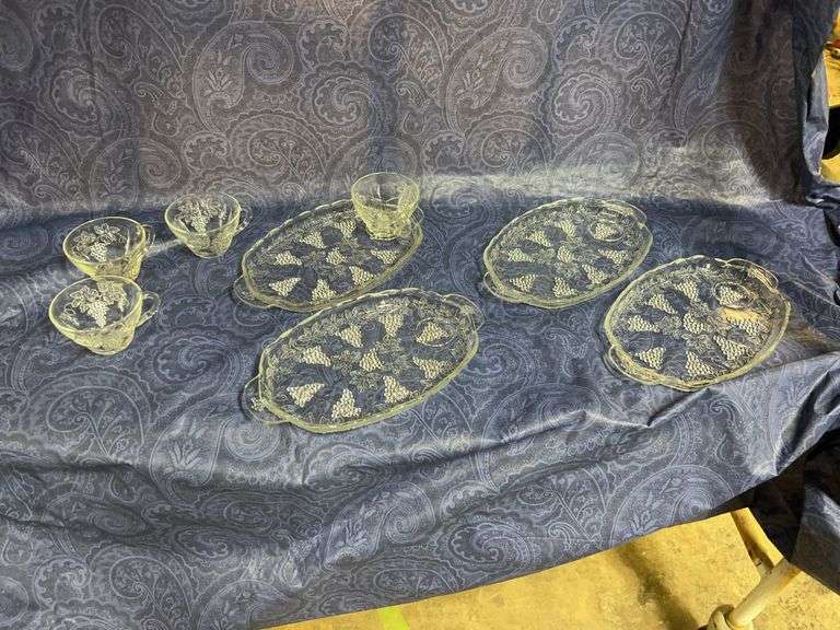 Anchor Hocking Serva-Snack set. Grape pattern. Seven sets, Each set has four cups and four trays. image