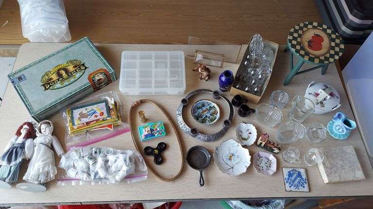 Various Collectibles incl. glassware, dolls, stoneware, hand painted china, carved wooden plates, small games, rooster cookie jar, etc image