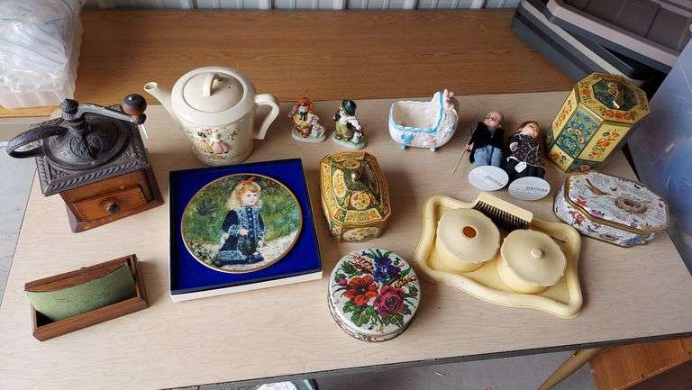 Various Collectibles includes Nesquik rabbit cups, vintage dresser set, coffee grinder, match holder, McCormick Distillery train decanters, super 8 film reels (probably cartoons), vintage hair dryer, bottle openers, kitchen items, etc image