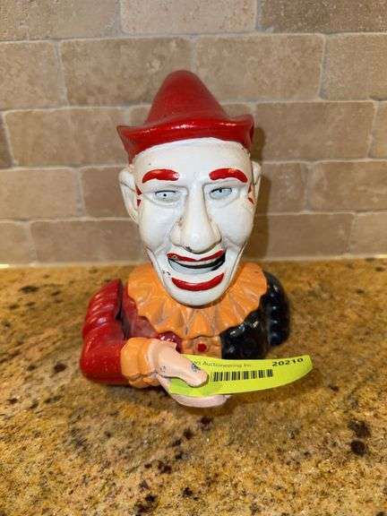 Cast iron clown head bank image