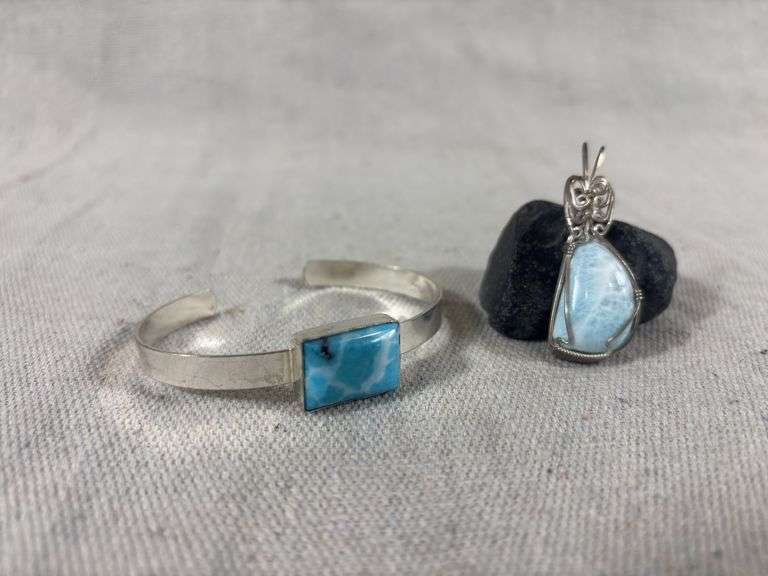 Larimar and Sterling cuff and Larimar pendant 22 g total weight image
