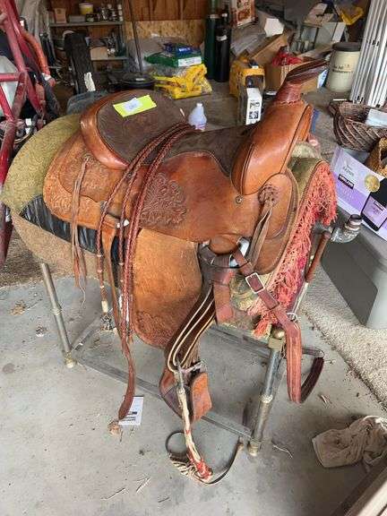 Custom-made Big Horn acorn tooled saddle with braided reins 14.5” seat image