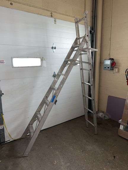 Sears Type 2 adjustable leg step ladder extends 7 ft to 13 ft. Working load 225 lb. image