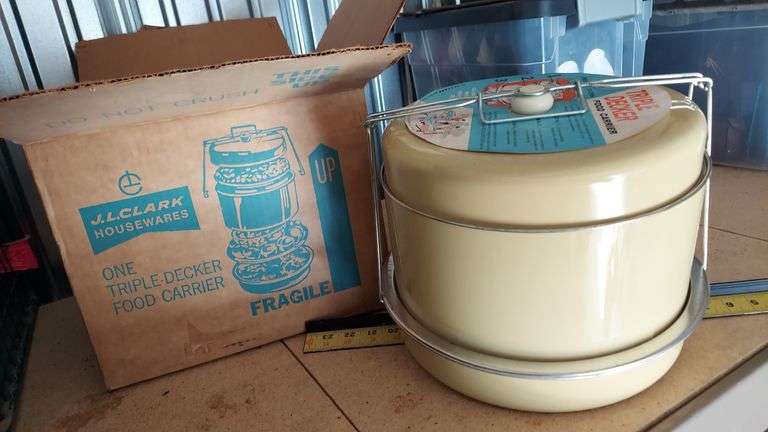 Vintage kitchen: Turnabout Bear Cookie Jar, 2 bread boxes, enamelware, coffee pot, triple-decker food carrier, mandolin slicers, wooden mallets image