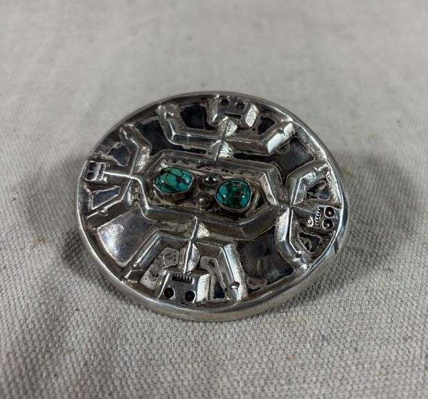 Signed Martinez unmarked vintage cast buckle with turquoise 79 g 3” x 2 1/2” image