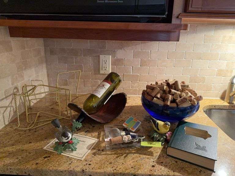 Wine corks, blue glass bowl, plate stands, Lenox birds etc... image