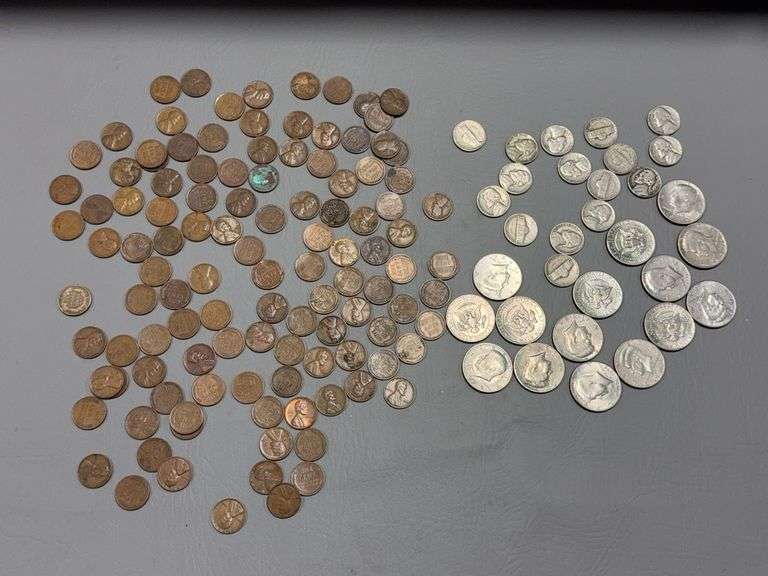Approx 114 unsorted wheat cents, 15 Kennedy half dollars-1970’s, 1980’s and 1990’s, 1857 Flying Eagle 1 cent piece and 16 Jefferson nickels-1940’s and 1950’s image