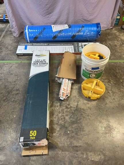 Simpson 6 pkgs (qty 100) 16-in insulation supports (wire),, Simpson 24-in insulation supports, two packs quantity 100. Floorgran concrete tack strips 1 and 3/4 in by 48 in box of 50, Keller ladder stabilizer new inbox, FloorLight blue step underlayment, 200 square feet original packaging. 5 gallon bucket and five bucket stacker trays image