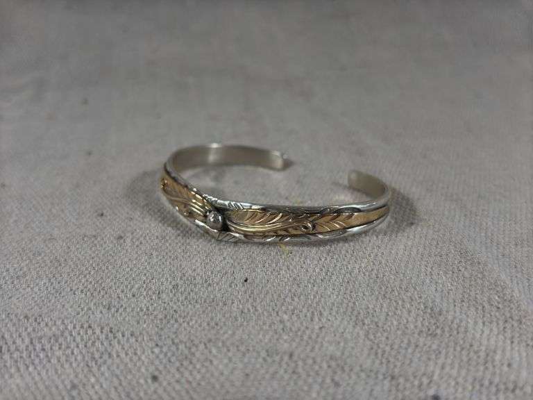 Sterling HT marked cuff with gold/brass? Overlay, 14 g total weight image