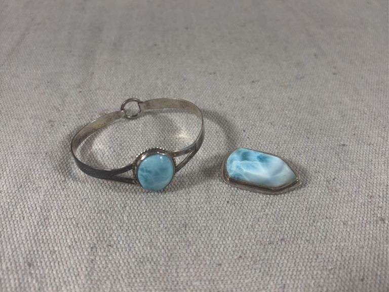 Larimar brooch and cuff both marked sterling 22.6 g total weight image