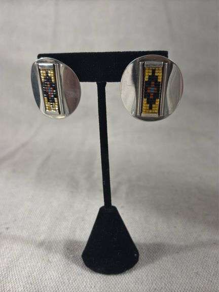 Sterling W/3 marked Concho style beaded post earrings 11 g total weight image