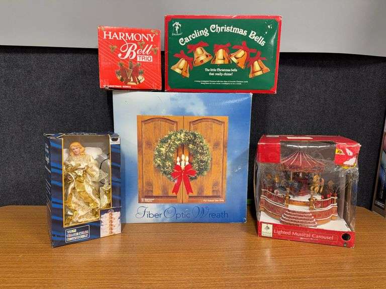 Fiber optic angel, wreath, harmony bell trio and caroling Christmas bells image