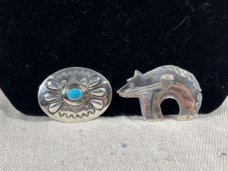 Sterling concho brooch with turquoise and sterling bear brooch pendant 14 g total weight image