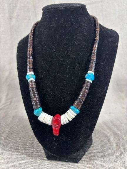 Heishi necklace with coral and turquoise 54 grams image
