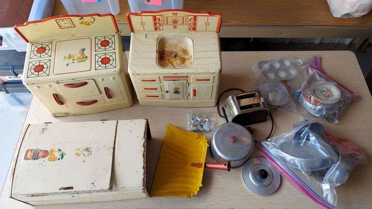 2 Vintage Childrens Tin Kitchen sets image