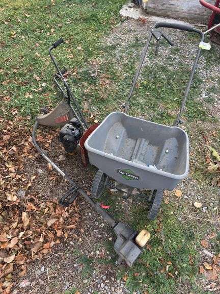 Small tiller, gas string trimmer, and walk behind spreader image