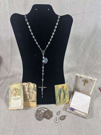 Sterling silver rosary and other religious tokens image