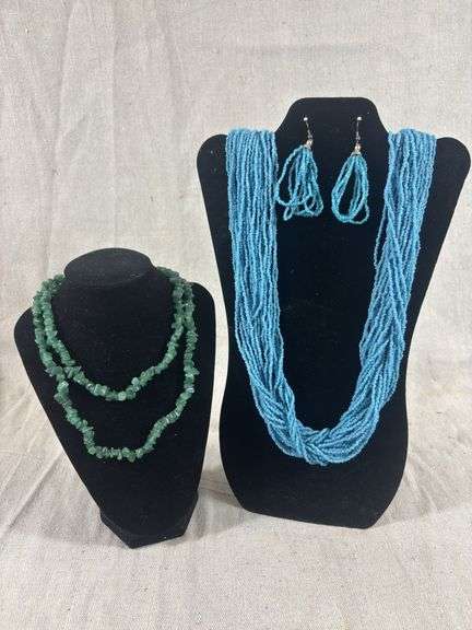 Multi strand beaded necklace and earring set plus green beaded single strand necklace 288 grams total weight image