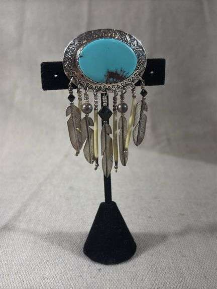 EAT Sterling and turquoise stamped brooch pendant with feather and quill accents 21 g total weight image