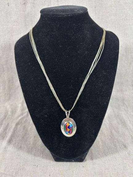 Sterling multi strand necklace with VHC marked sterling Zuni inlaid pendant 10.8 grams total weight image