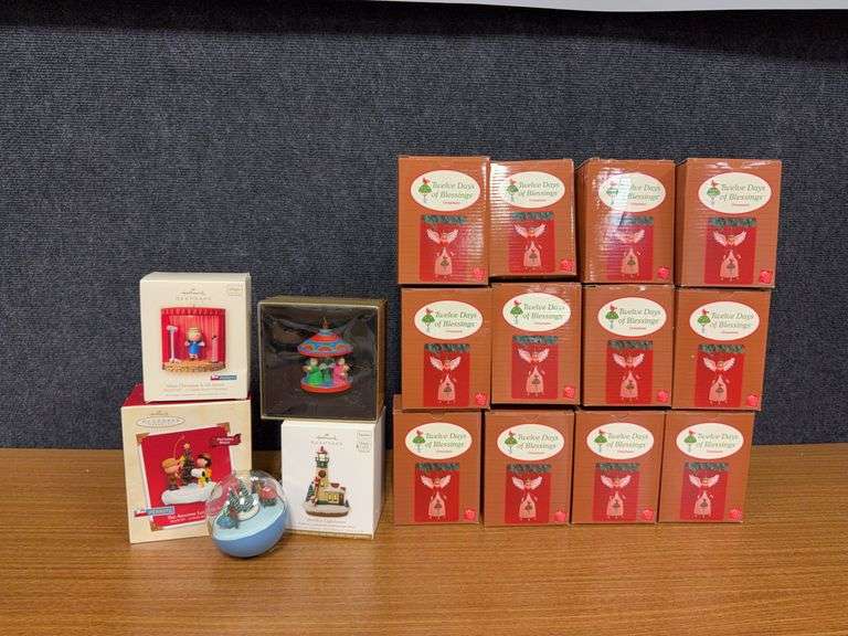 Three Hallmark light and sound ornaments, 1979 Hallmark ornament, another motion ornament and Twelve Days of Blessings ornaments image