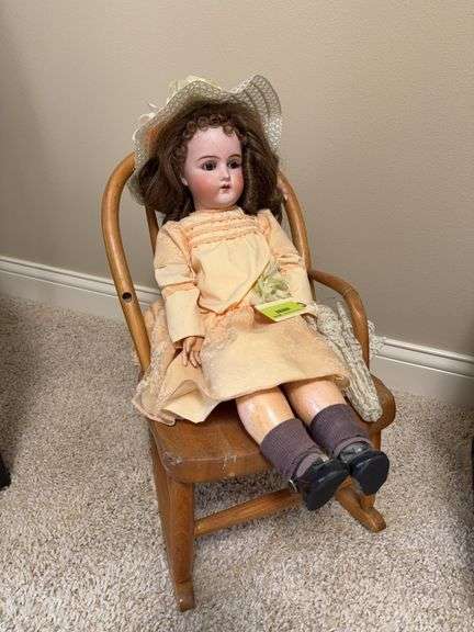 Child's rocker and antique bisque doll Neck marked G&S Germany 6 This came over w Sellers grandparents from Germany image