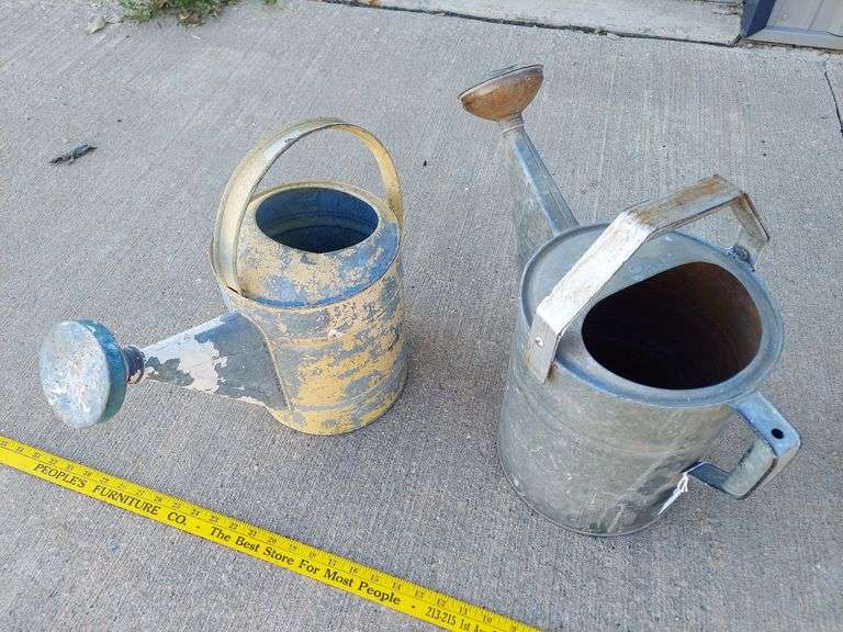 2 metal watering cans and 3 wooden planter boxes image