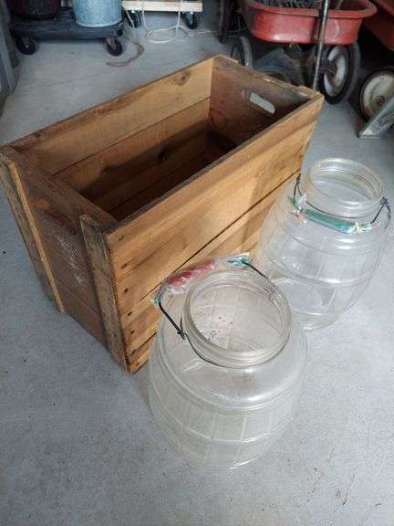 2 jumbo counter pickle jars with handles (no lids) and wooden box image