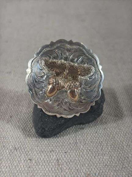 Sterling overlaid Mexico marked concho slide with acorn overlay 14.2 g total weight image